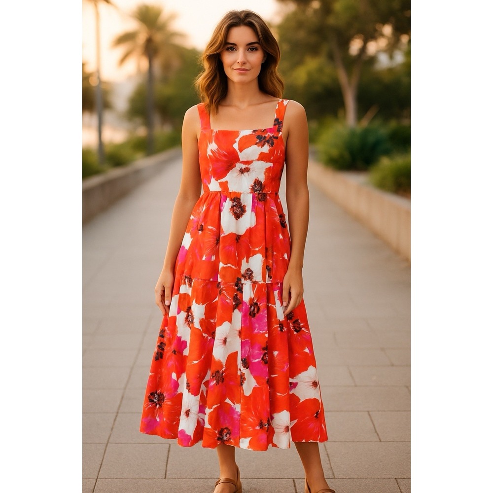 Tanya Taylor Gia Dress Size 2 Red Floral Midi Silk Blend Fit Flare Sundress $545 - Picture 2 of 13